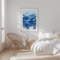 a serene bedroom scene with a large framed poster of a mountain landscape hanging on the wall, a wicker chair, and a bed with white bedding.