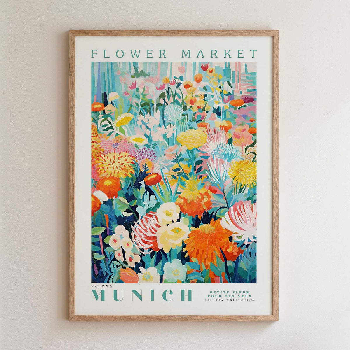 The image is a framed poster depicting a vibrant and colorful floral scene, likely from a flower market.
