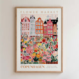 The image is a framed poster depicting a colorful and vibrant flower market in Copenhagen, Denmark.