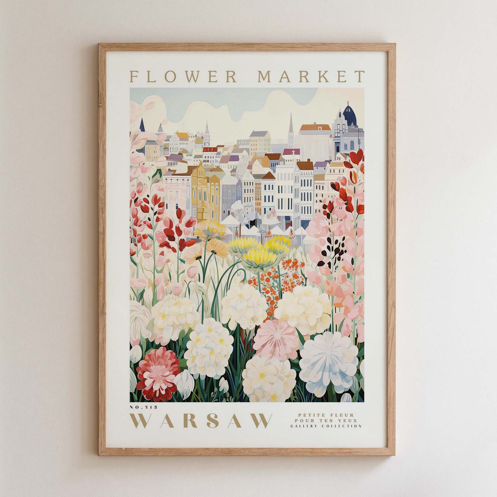 The image is a framed poster depicting a cityscape with a variety of colorful flowers in the foreground.
