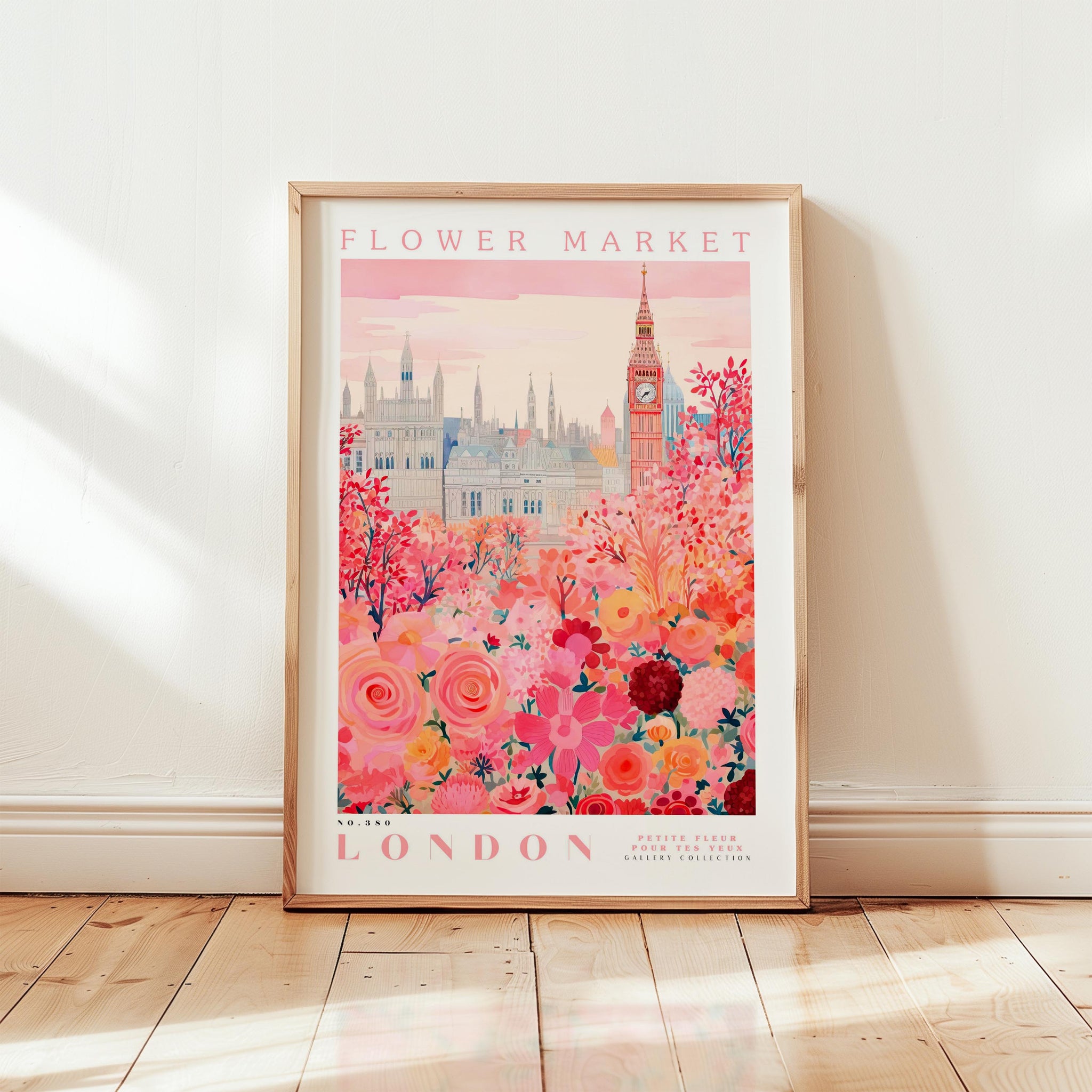A framed poster of the London Flower Market, featuring a colorful illustration of the city's landmarks and a vibrant floral scene.
