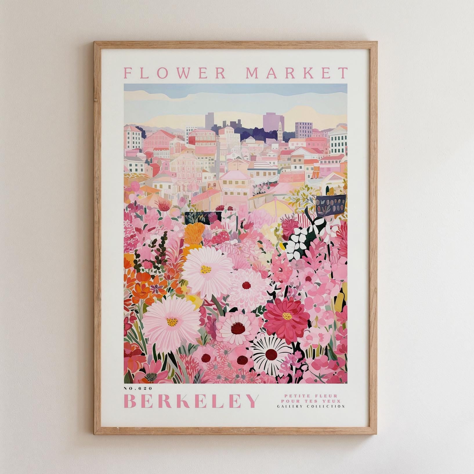 The image is a framed poster depicting a cityscape with a field of colorful flowers in the foreground.