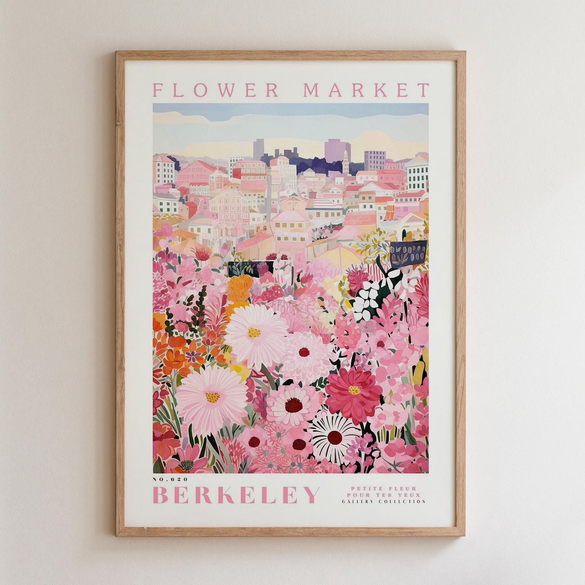 The image is a framed poster depicting a cityscape with a field of colorful flowers in the foreground.