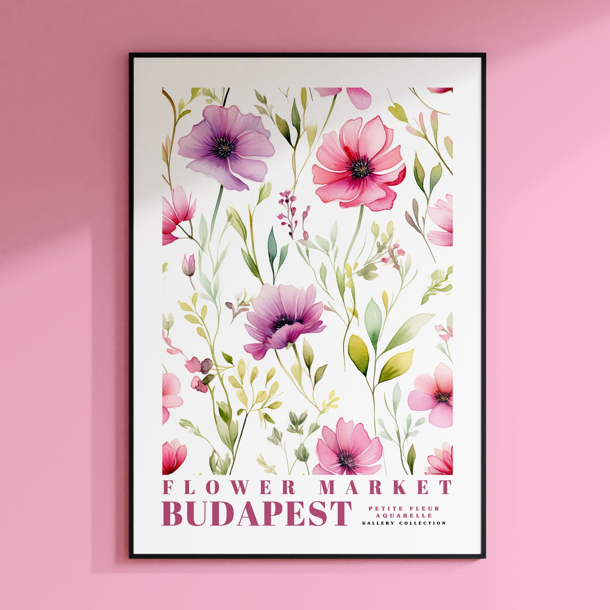 a picture of a flower market poster on a pink wall
