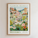 The image is a framed poster depicting a colorful and vibrant flower market in Montreya, France.