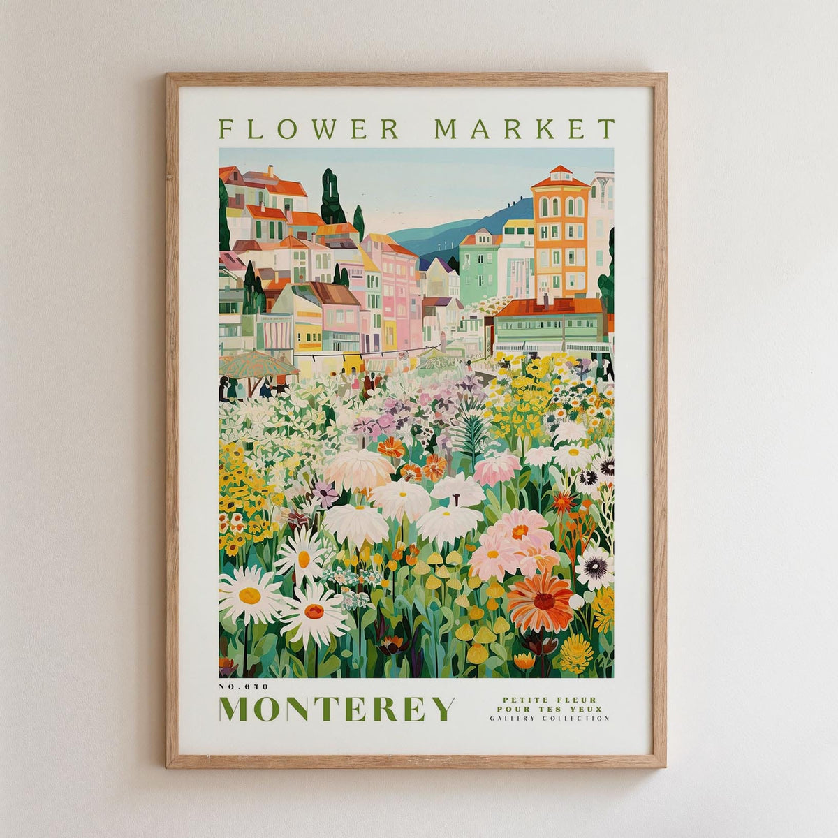 The image is a framed poster depicting a colorful and vibrant flower market in Montreya, France.