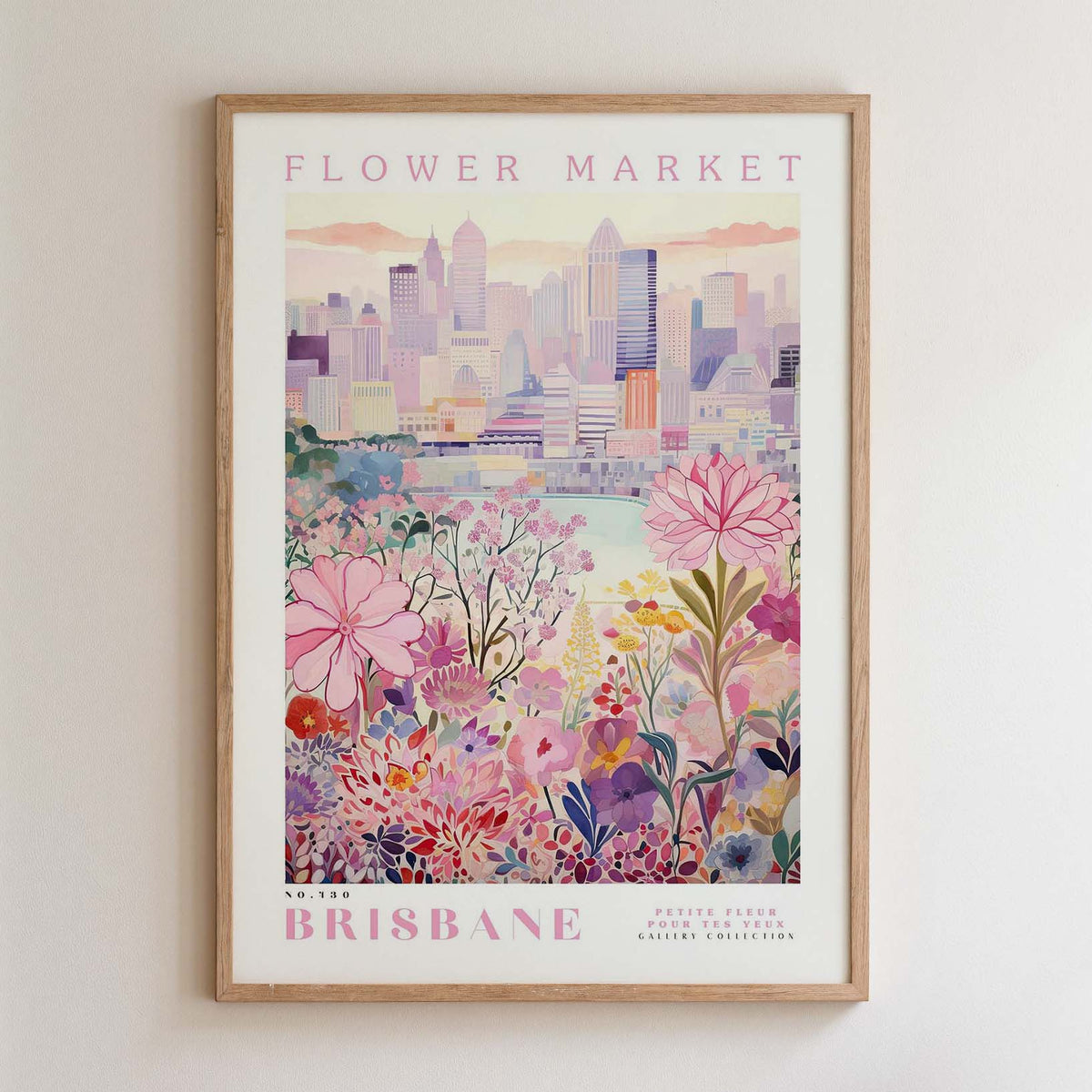 The image is a framed poster depicting a cityscape with a flower market in the foreground.
