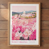 The image is a framed poster depicting a scenic view of West Virginia, with a focus on the state flower, the lily of the valley.