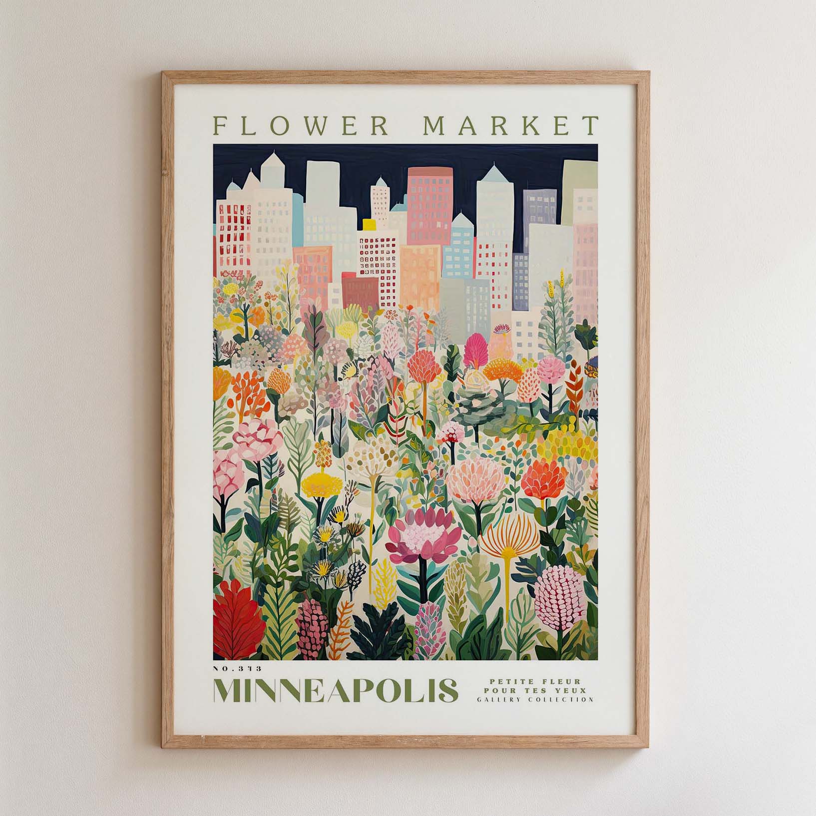 The image is a framed poster depicting a vibrant and colorful cityscape with a variety of flowers and plants, including tulips, daffodils, and other blooms. The poster is titled "FLOWER MARKET" and is framed with a wooden border.