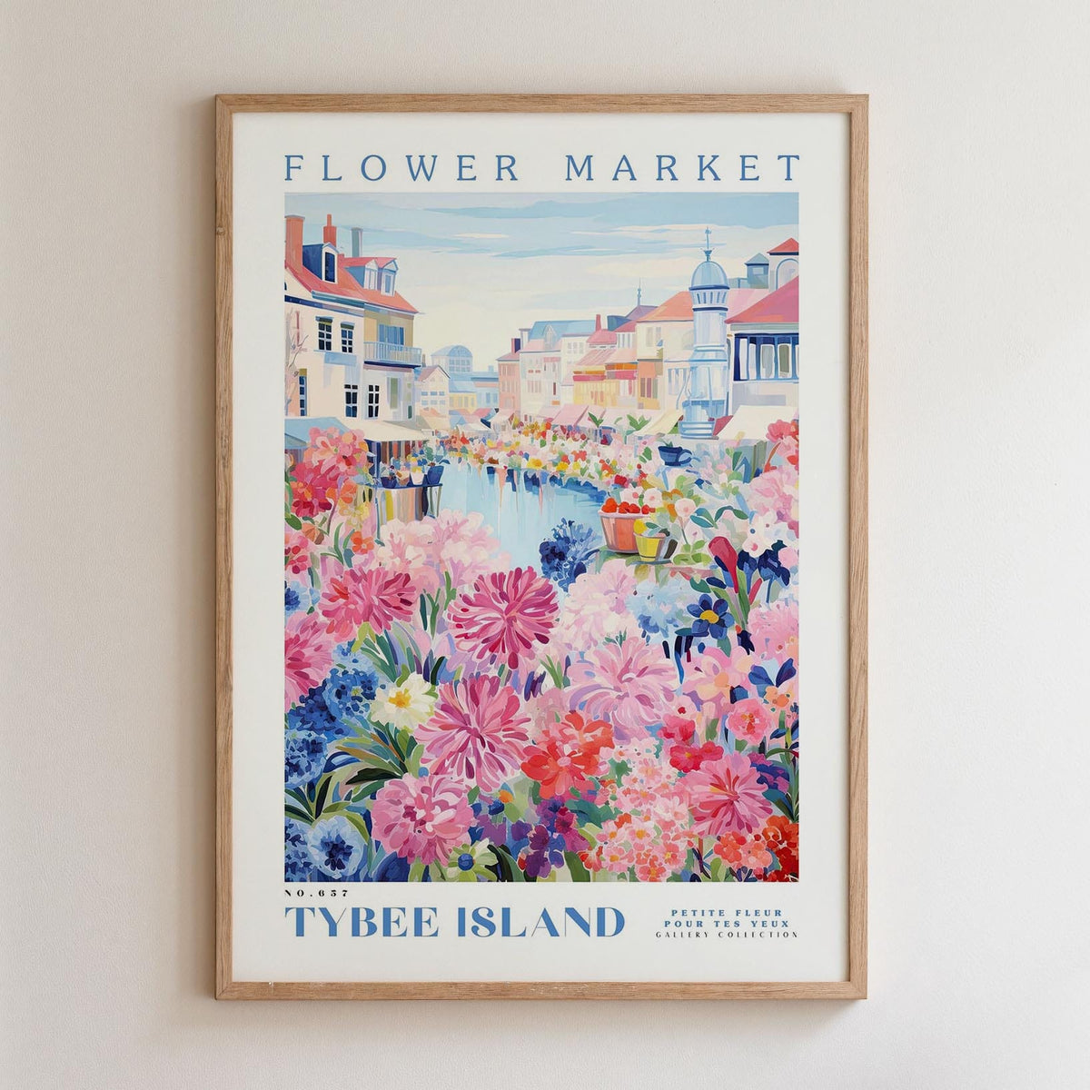 The image is a framed poster depicting a flower market in Tybee Island, with colorful flowers and buildings in the background.