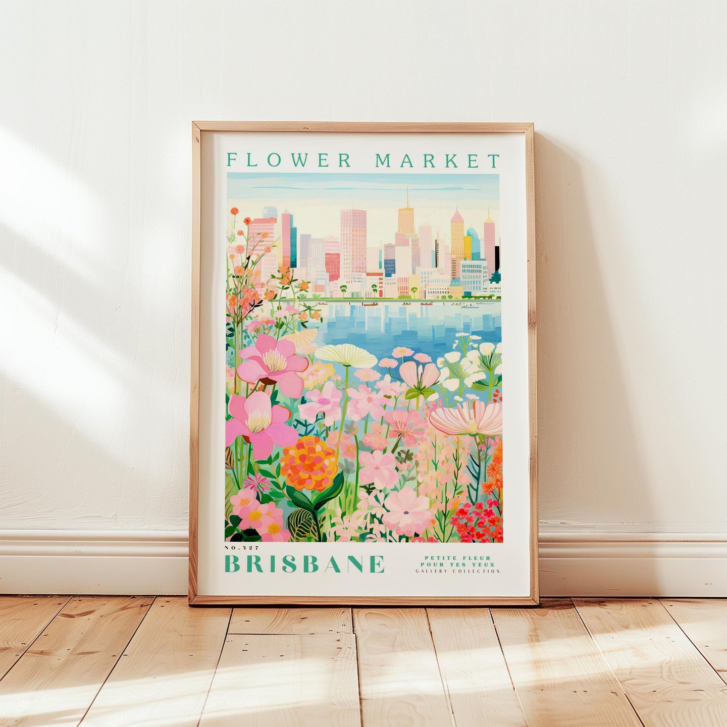 A framed poster depicting a vibrant and colorful scene of a flower market in Brisbane, Australia.