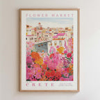 The image is a framed poster depicting a vibrant and colorful flower market in Crete, Greece.