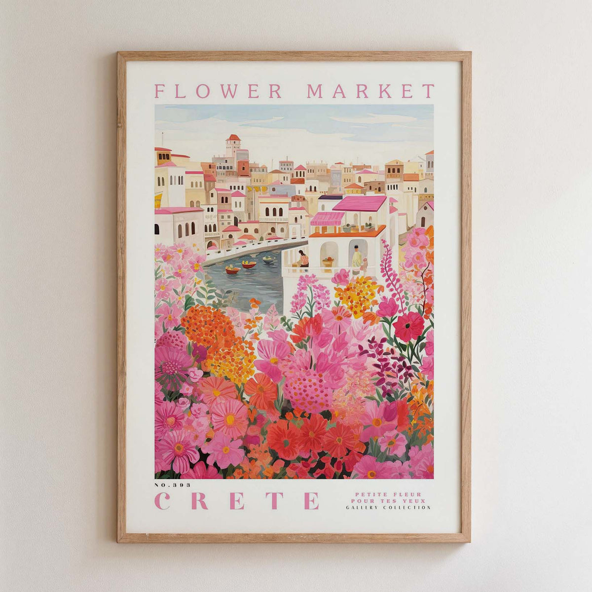 The image is a framed poster depicting a vibrant and colorful flower market in Crete, Greece.