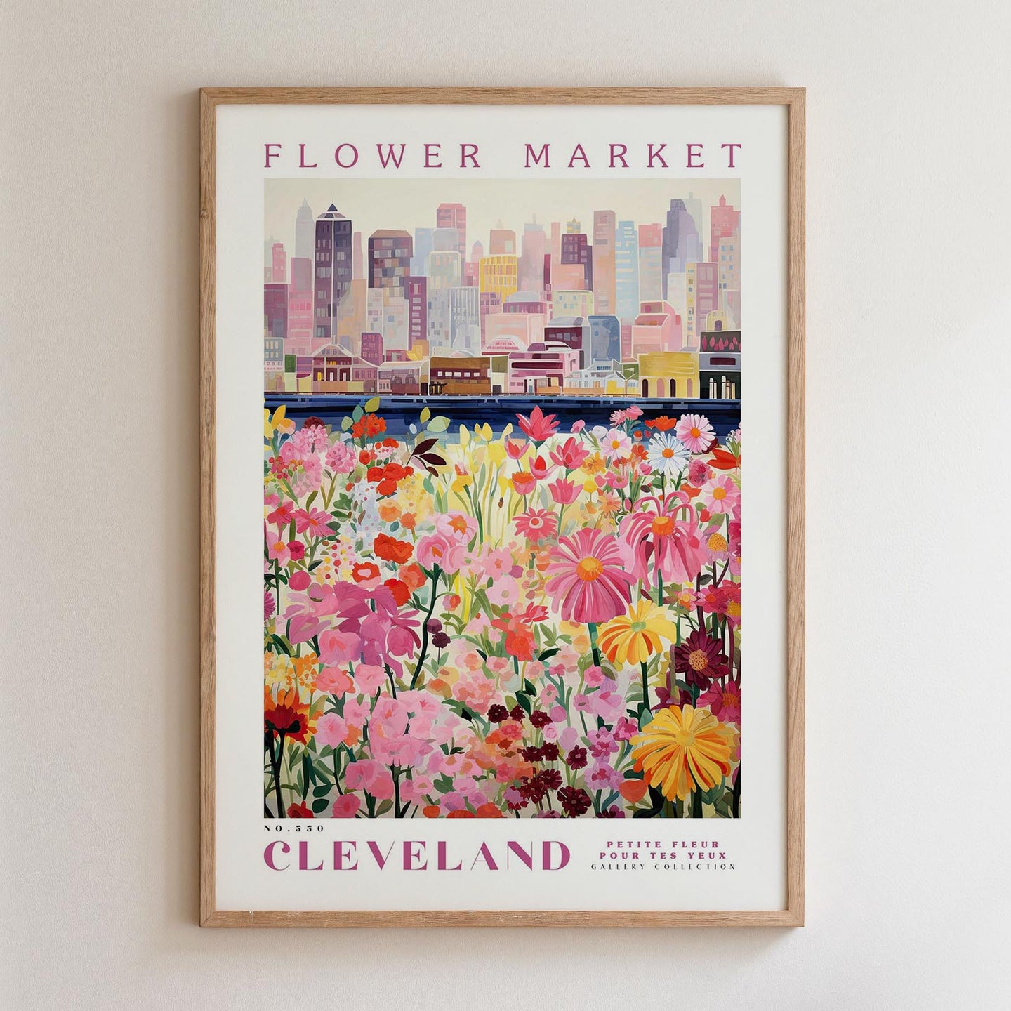 A framed poster depicting a cityscape with a field of colorful flowers in the foreground.