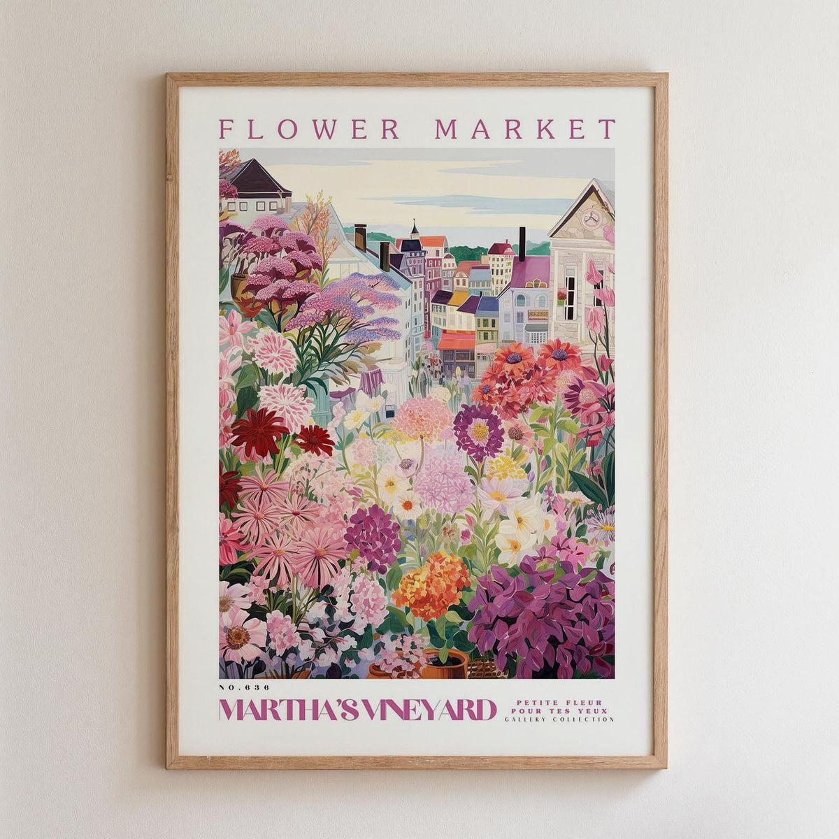The image is a framed poster depicting a vibrant and colorful flower market scene with various flowers and buildings in the background.