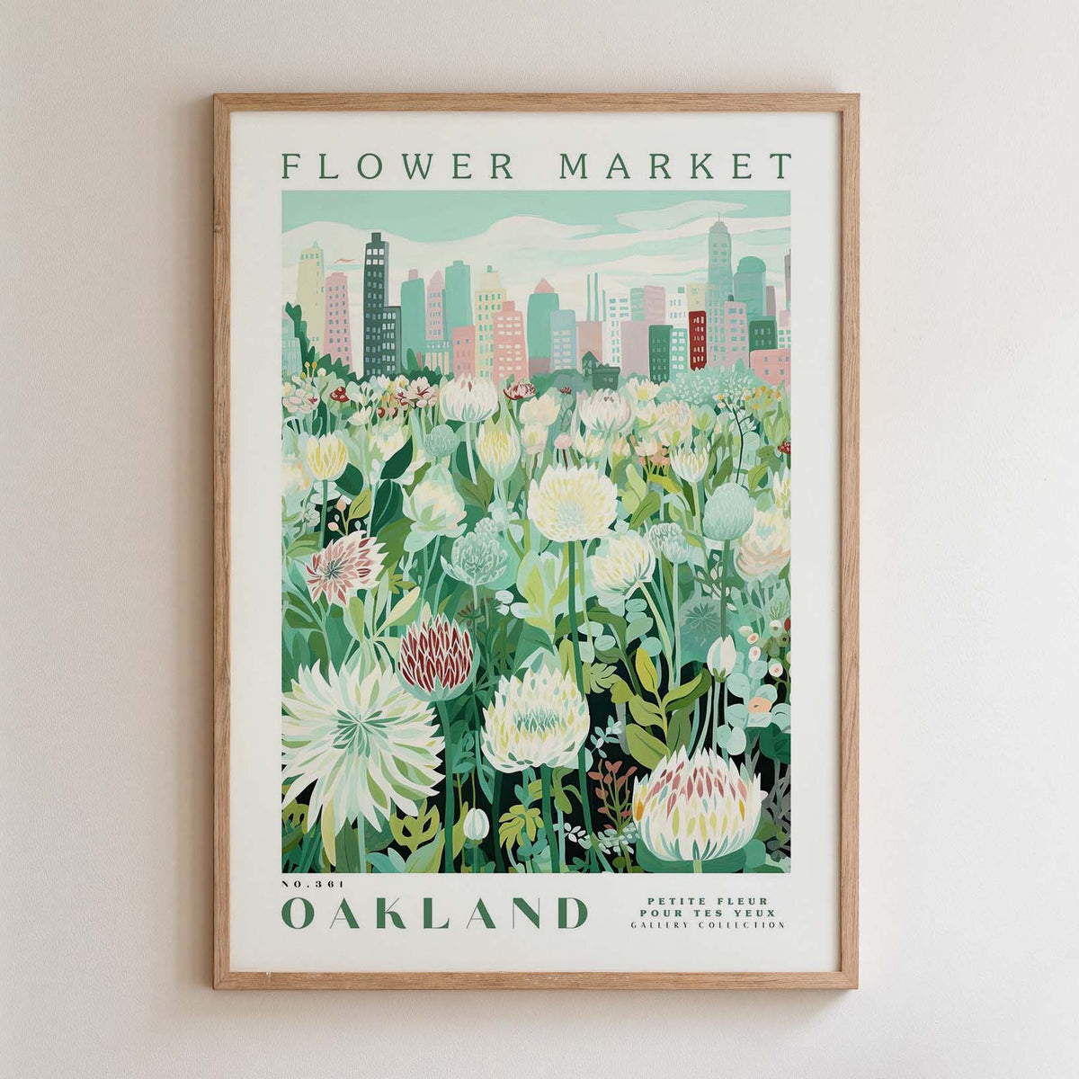 The image is a framed poster depicting a cityscape with a field of flowers in the foreground.