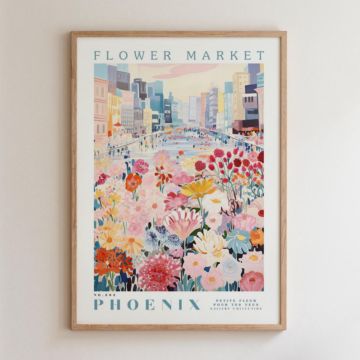 The image is a framed poster depicting a vibrant and colorful street scene in Phoenix, Arizona.