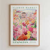 The image is a framed poster depicting a vibrant and colorful flower market in Lexington, Kentucky.