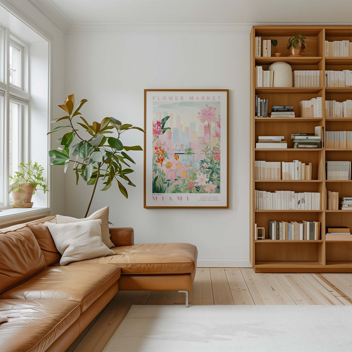 a cozy living room with a large window, a comfortable leather sofa, a wooden bookshelf filled with books, and a framed poster of a flower market in Miami hanging on the wall.