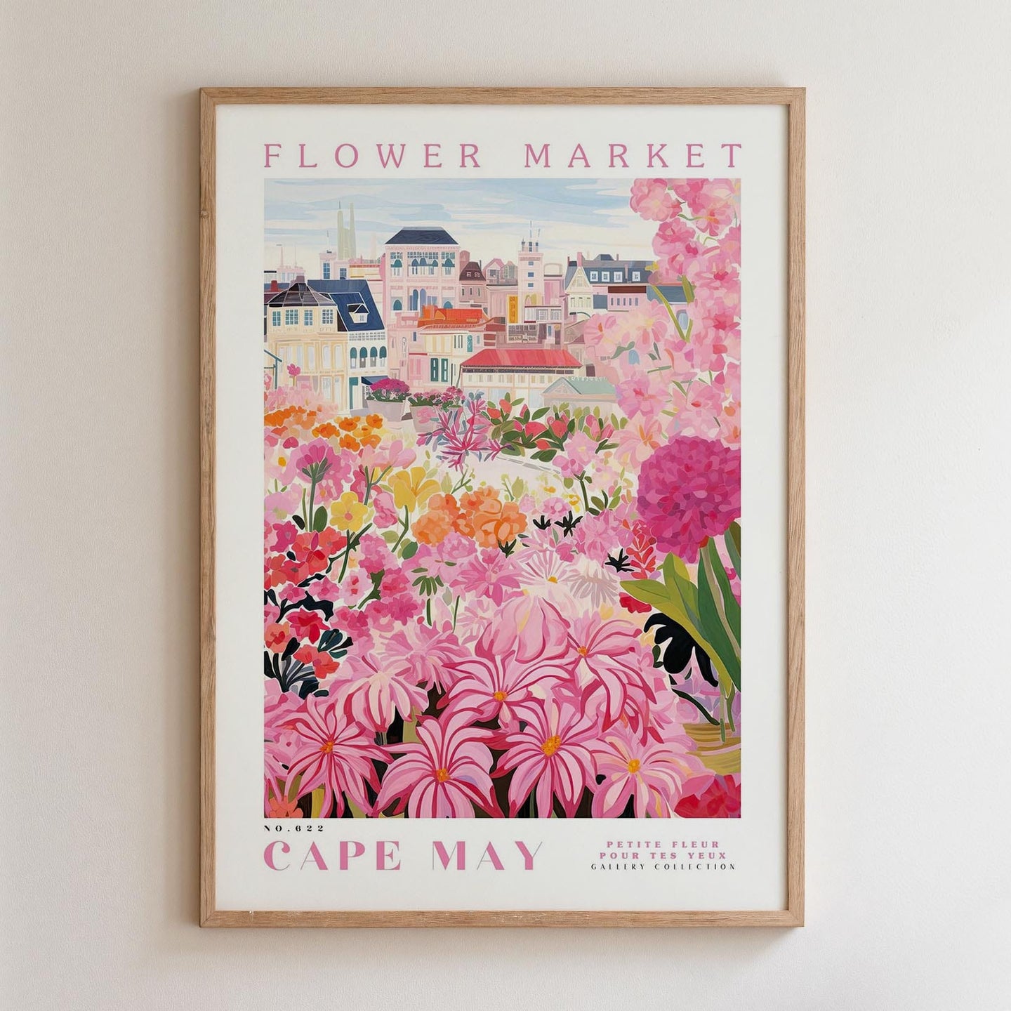 The image is a framed poster depicting a vibrant and colorful flower market in Cape May, New Jersey.