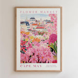 The image is a framed poster depicting a vibrant and colorful flower market in Cape May, New Jersey.