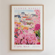 The image is a framed poster depicting a vibrant and colorful flower market in Cape May, New Jersey.