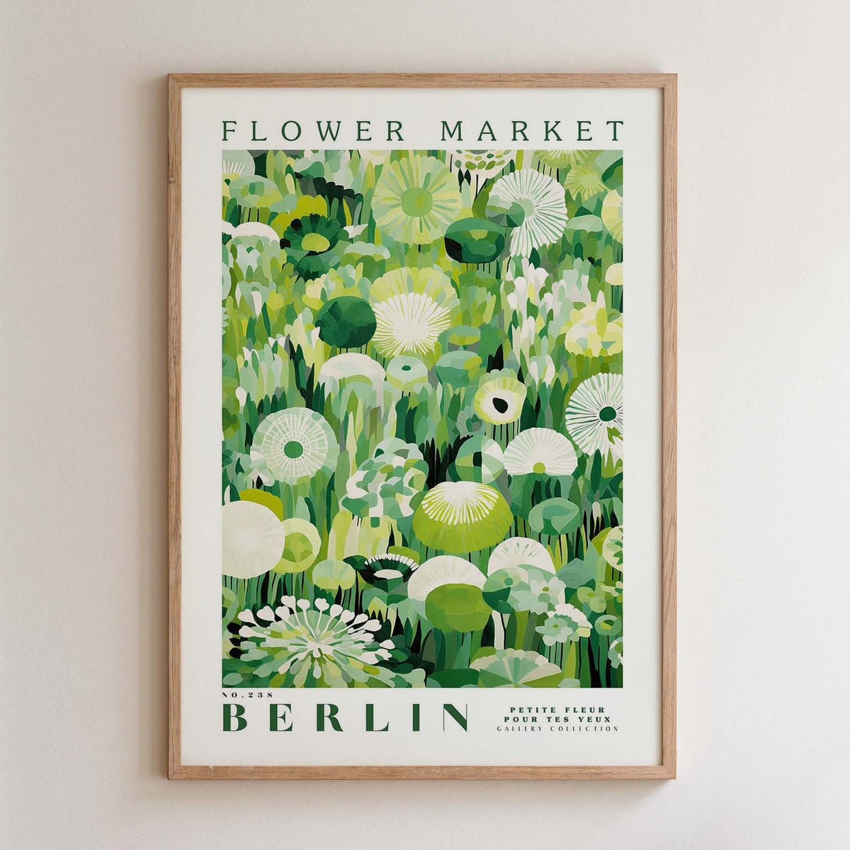 The image is a framed poster of a flower market in Berlin, featuring a collage of various green and white flowers and plants.
