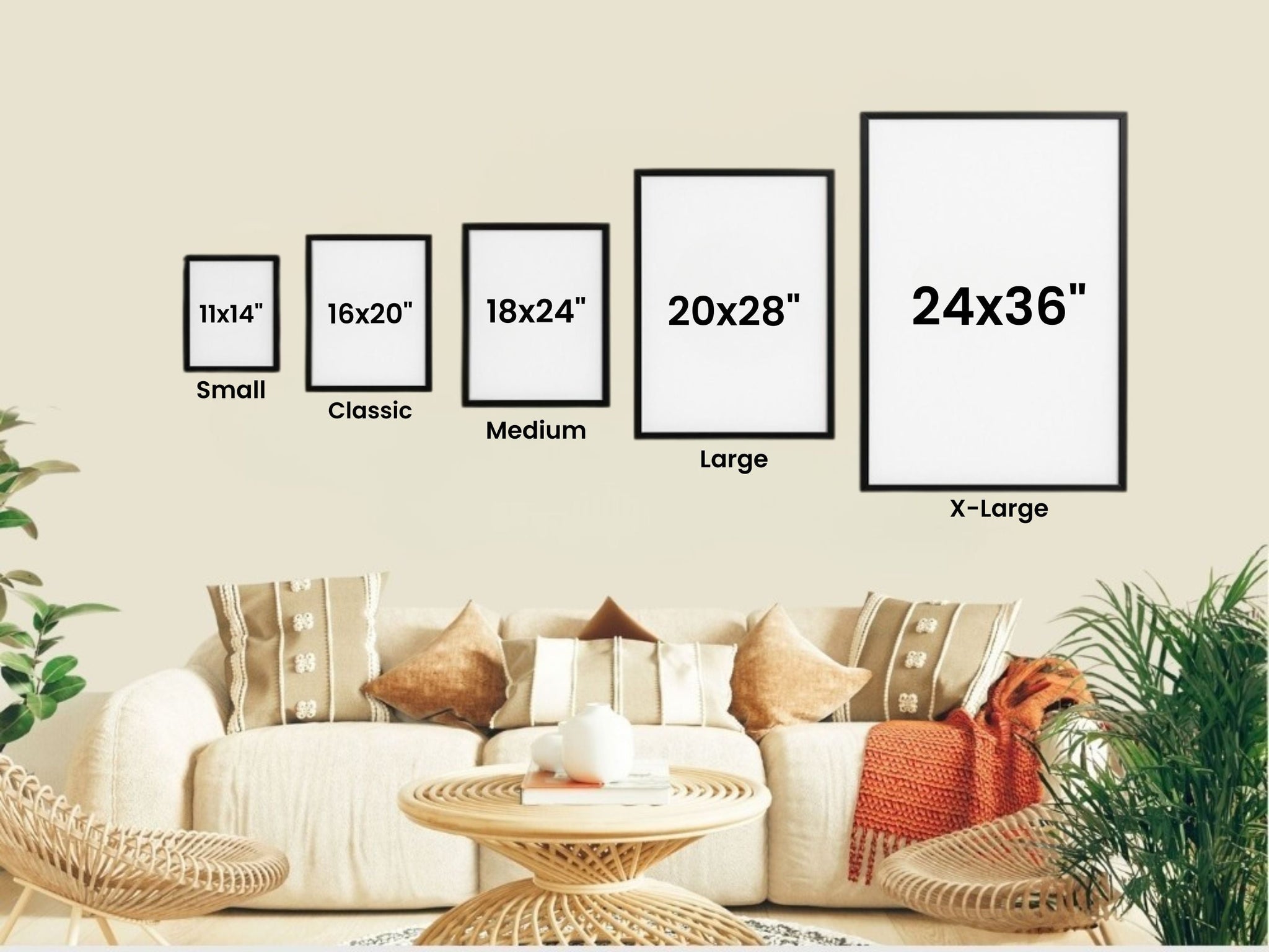 a living room with a couch, a coffee table, and various decorative elements such as pillows and a plant. The image is a collage of different sizes of framed pictures or artwork displayed on the wall above the couch.