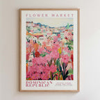 The image is a framed poster depicting a vibrant and colorful scene of a flower market in the Dominican Republic.