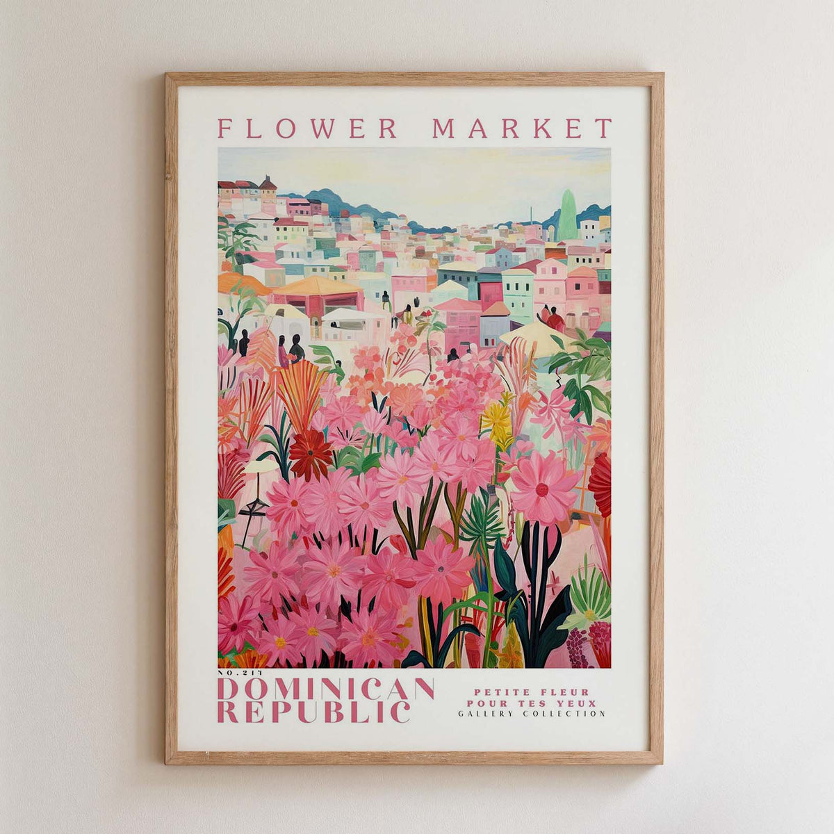 The image is a framed poster depicting a vibrant and colorful scene of a flower market in the Dominican Republic.