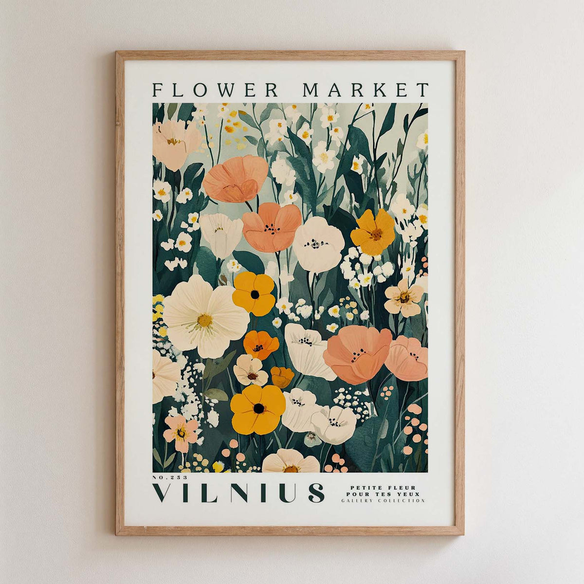The image is a framed poster or print featuring a vibrant floral design with various types of flowers and foliage.