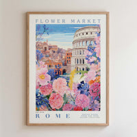 The image is a framed poster depicting a colorful and vibrant scene of the city of Rome, Italy.