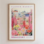 The image is a framed poster depicting a vibrant and colorful flower market in Bridgeport, Connecticut.