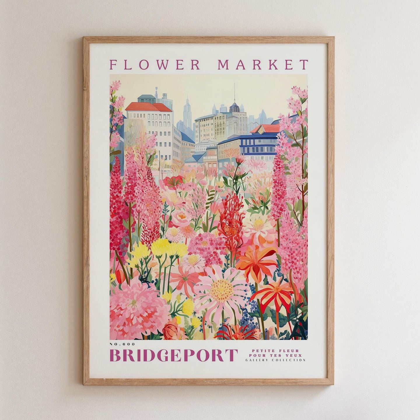The image is a framed poster depicting a vibrant and colorful flower market in Bridgeport, Connecticut.