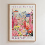 The image is a framed poster depicting a vibrant and colorful flower market in Bridgeport, Connecticut.