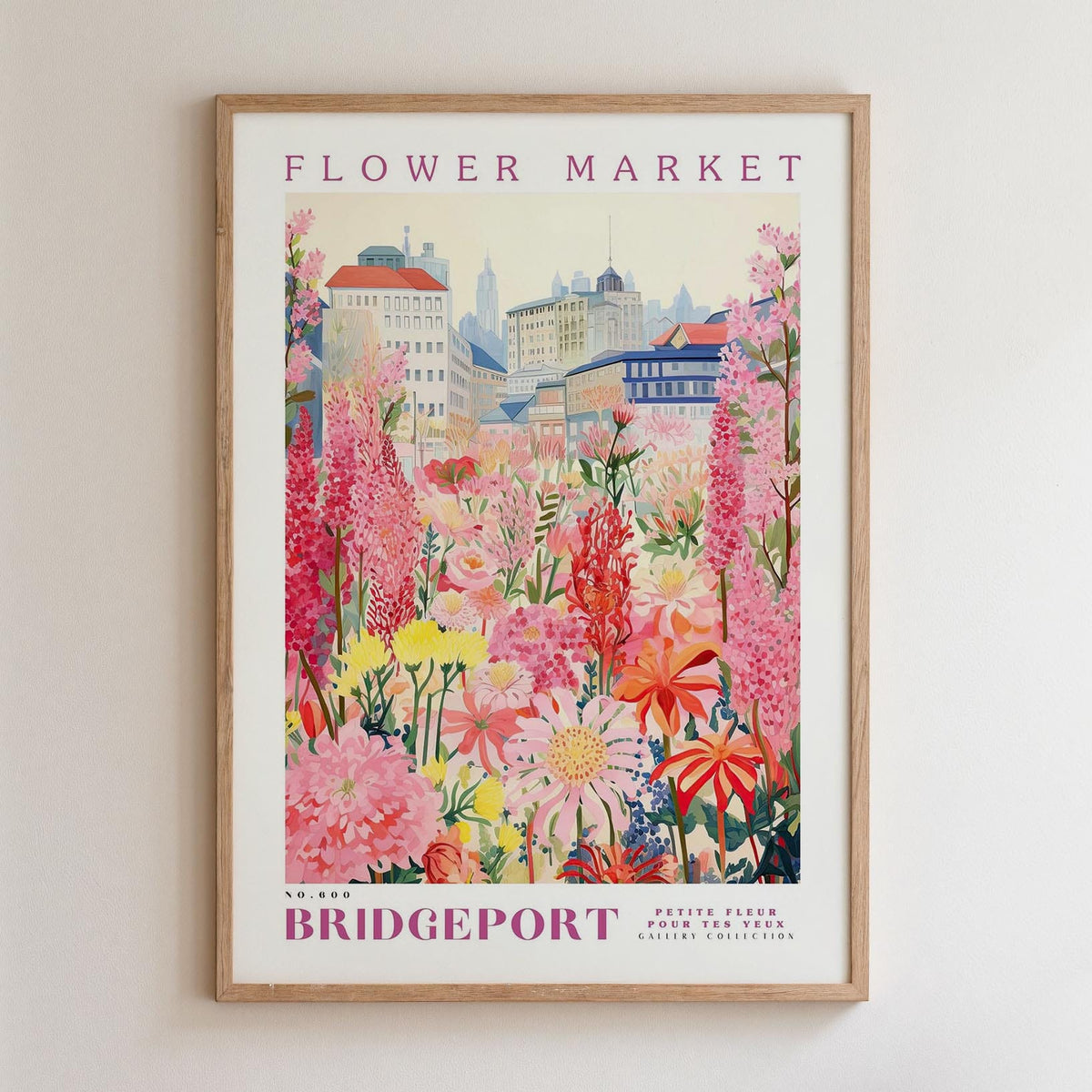 The image is a framed poster depicting a vibrant and colorful flower market in Bridgeport, Connecticut.