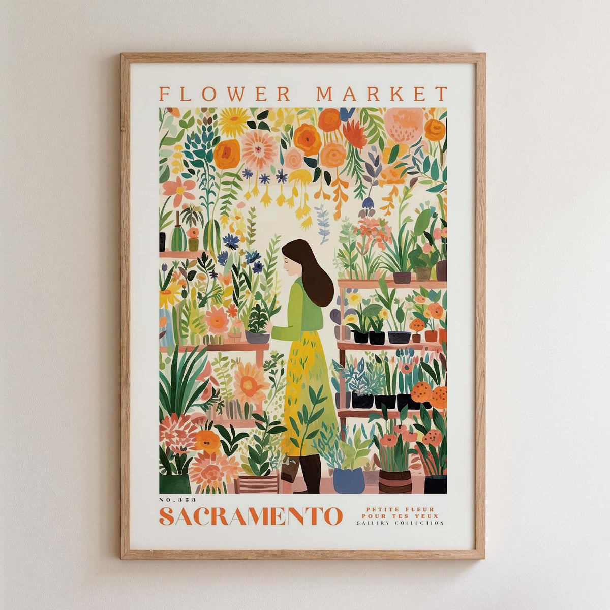 The image is a framed poster depicting a woman standing in a flower market, surrounded by various flowers and plants.