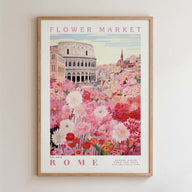 The image is a framed poster depicting a vibrant flower market in Rome, Italy.