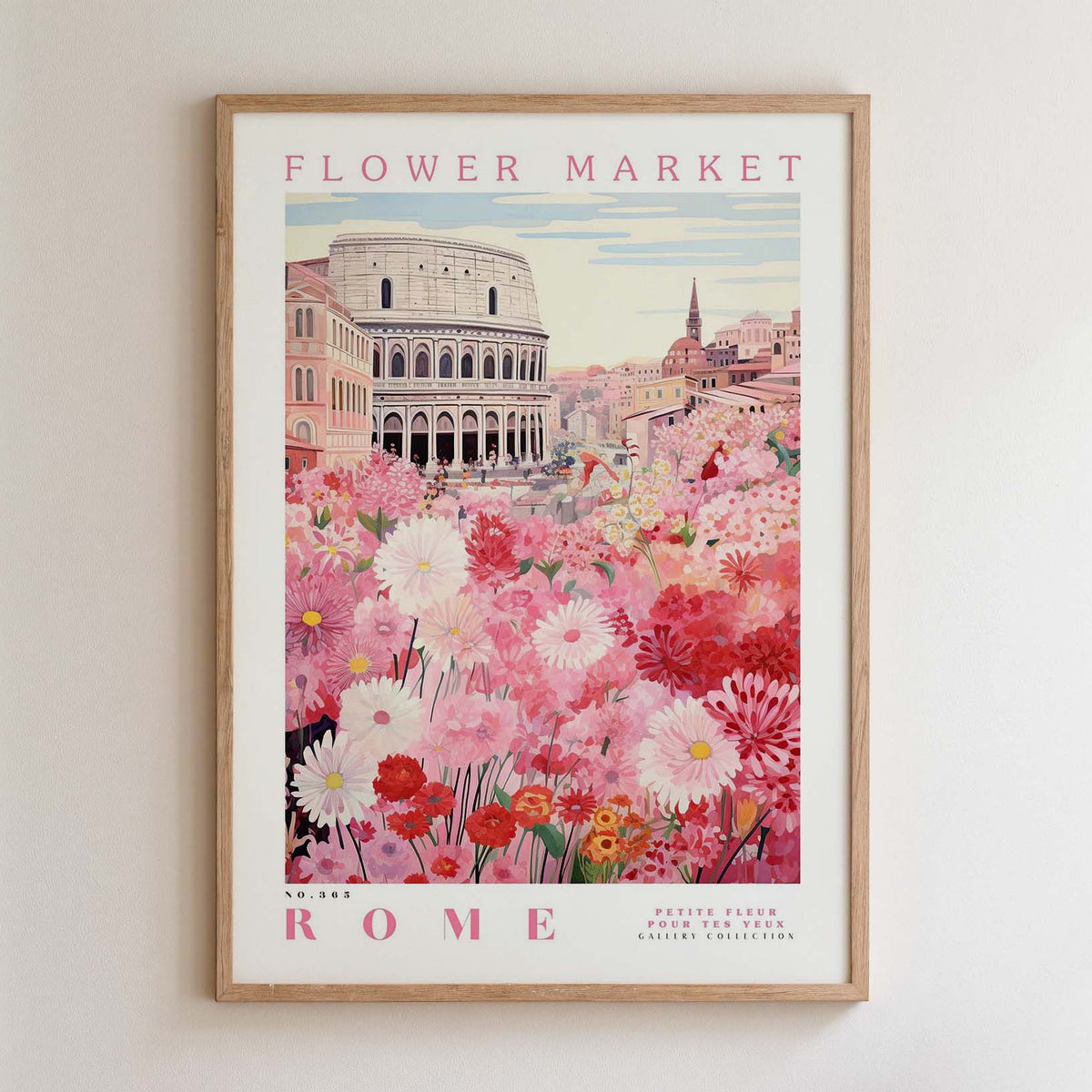 The image is a framed poster depicting a vibrant flower market in Rome, Italy.