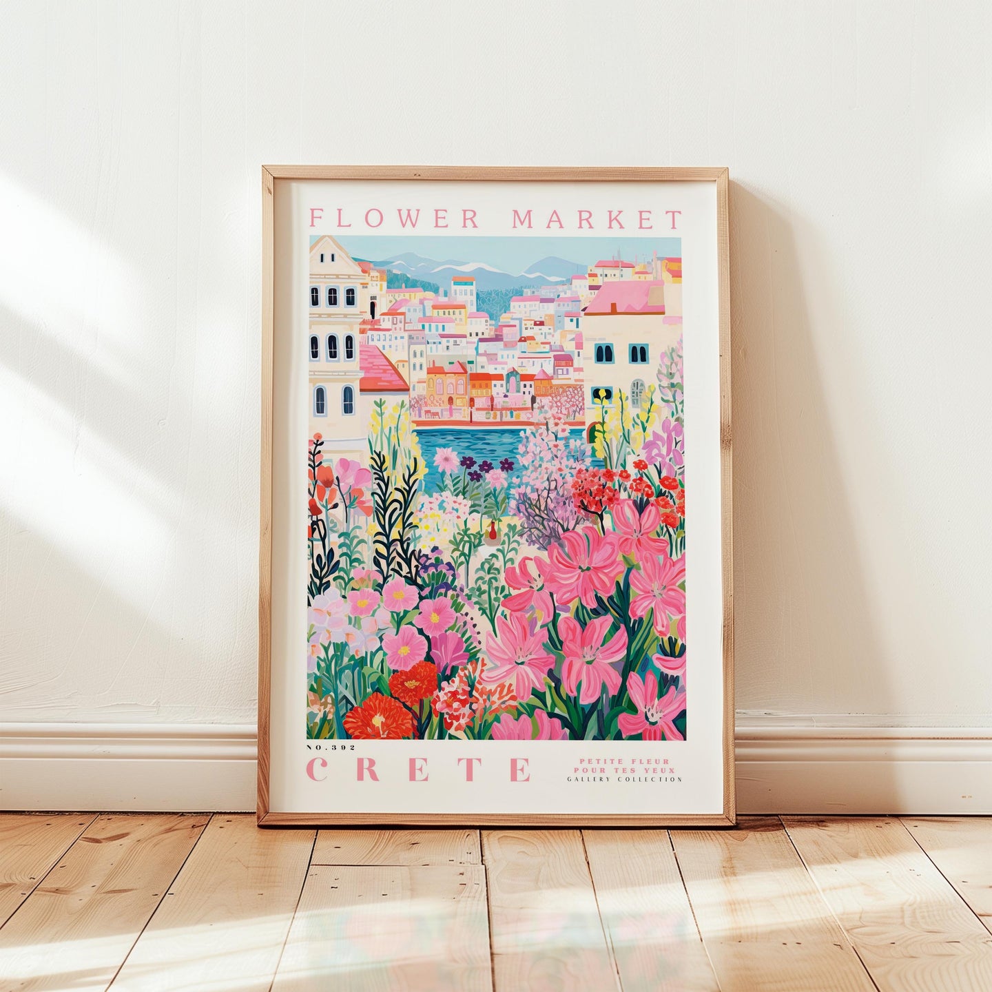 A framed poster depicting a colorful and vibrant flower market in Crete, Greece.