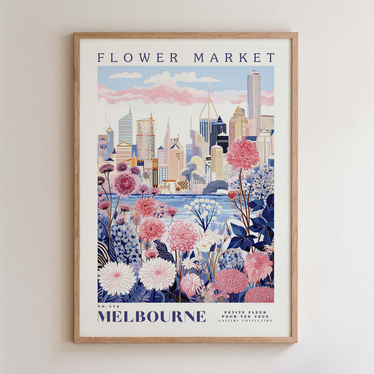 The image is a framed poster depicting a cityscape with a flower market in the foreground.