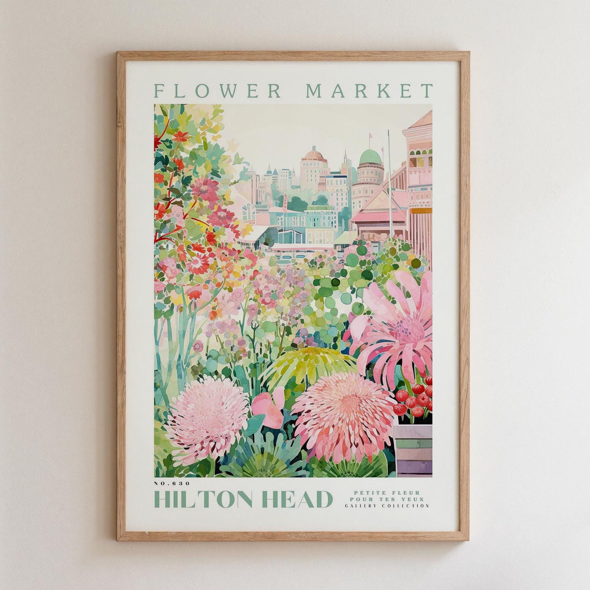 The image is a framed poster depicting a vibrant and colorful garden scene with various flowers and plants.
