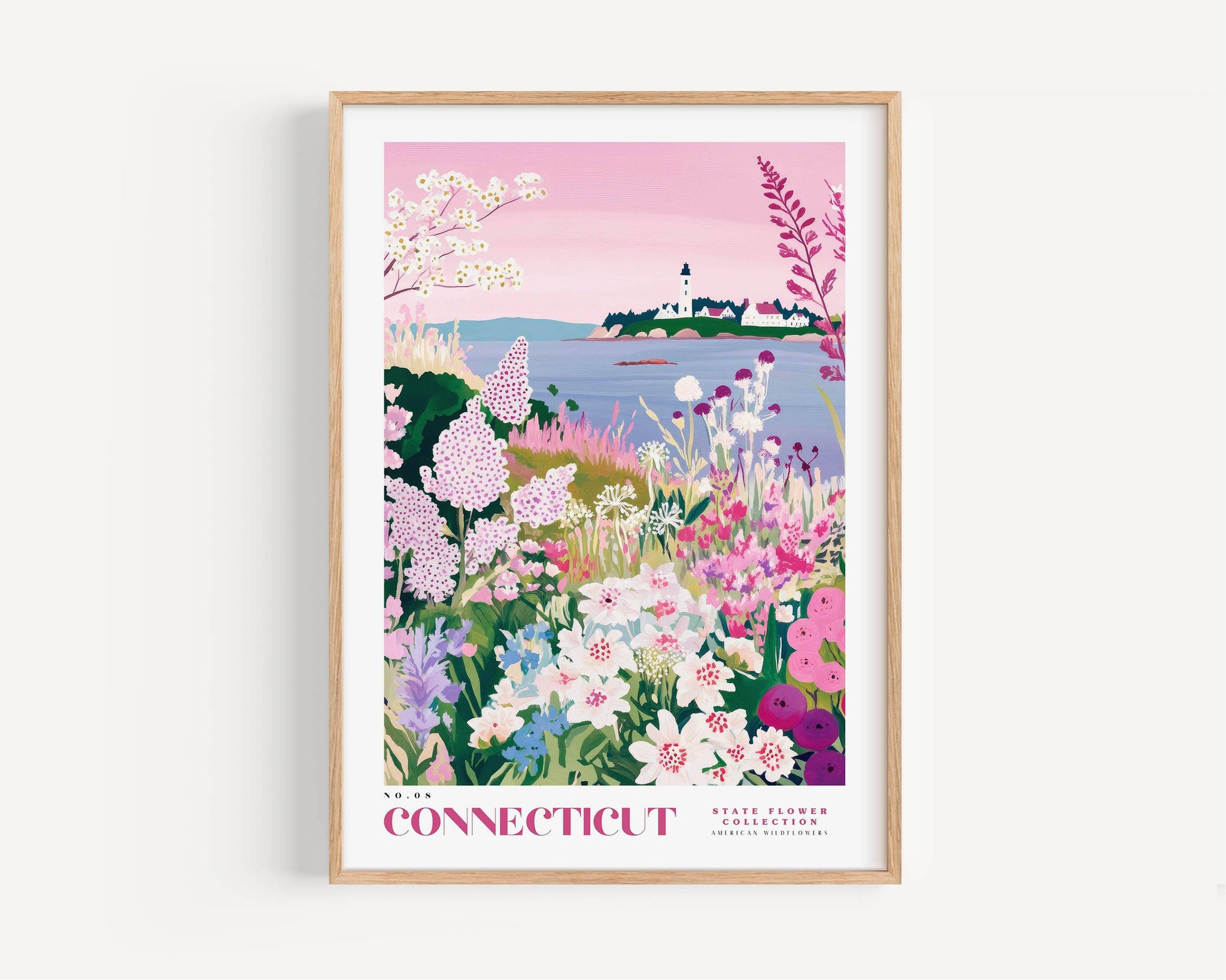 The image is a framed poster depicting a scenic view of the Connecticut state flower collection, featuring a variety of colorful flowers and plants against a pink and purple sky.