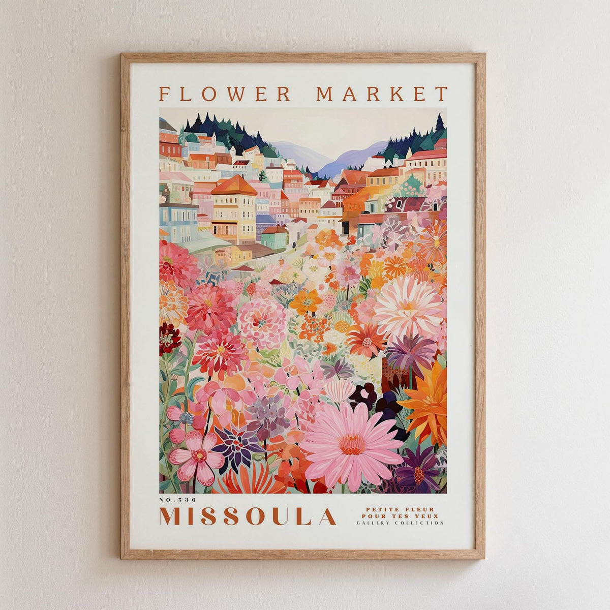 The image is a framed poster depicting a colorful and vibrant flower market in Missoula, Montana.