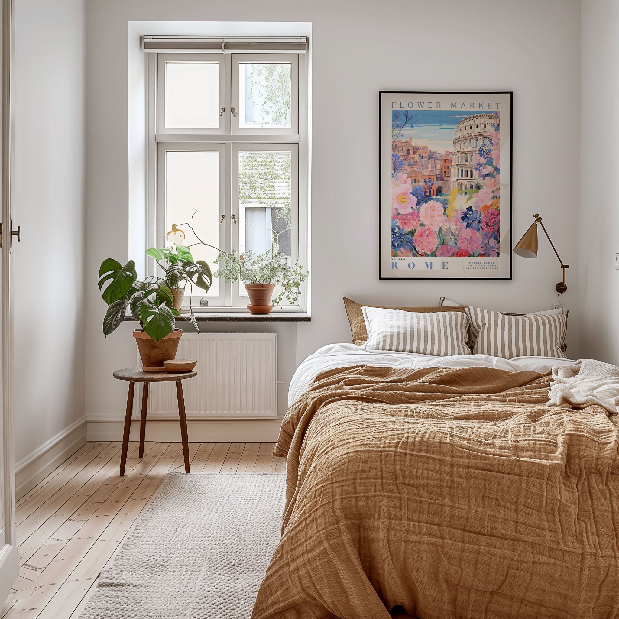 a cozy bedroom with a large bed, a nightstand with a plant, and a framed poster of a cityscape on the wall.