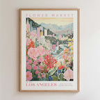 The image is a framed poster depicting a vibrant and colorful scene of a flower market in Los Angeles, California.