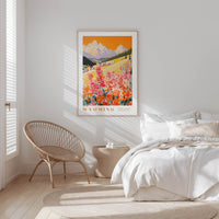 a bedroom with a large poster of a scenic landscape of mountains and flowers hanging on the wall above a bed with white bedding.