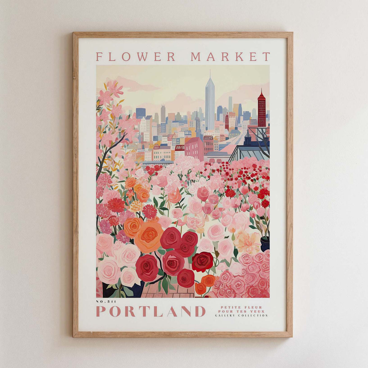 The image is a framed poster depicting a cityscape with a flower market in the foreground.