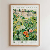 The image is a framed poster depicting a lush, colorful garden with various flowers and plants.