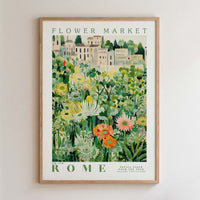 The image is a framed poster depicting a lush, colorful garden with various flowers and plants.